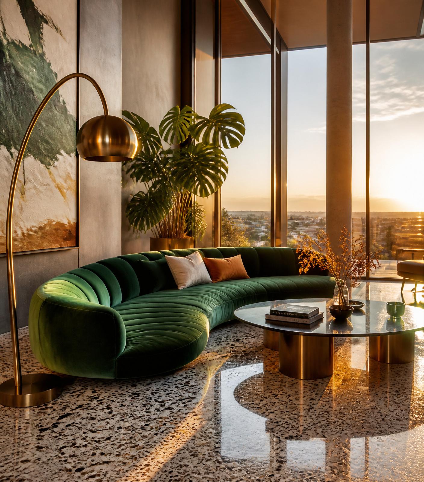 Sunset-lit living room with a curved emerald velvet sofa